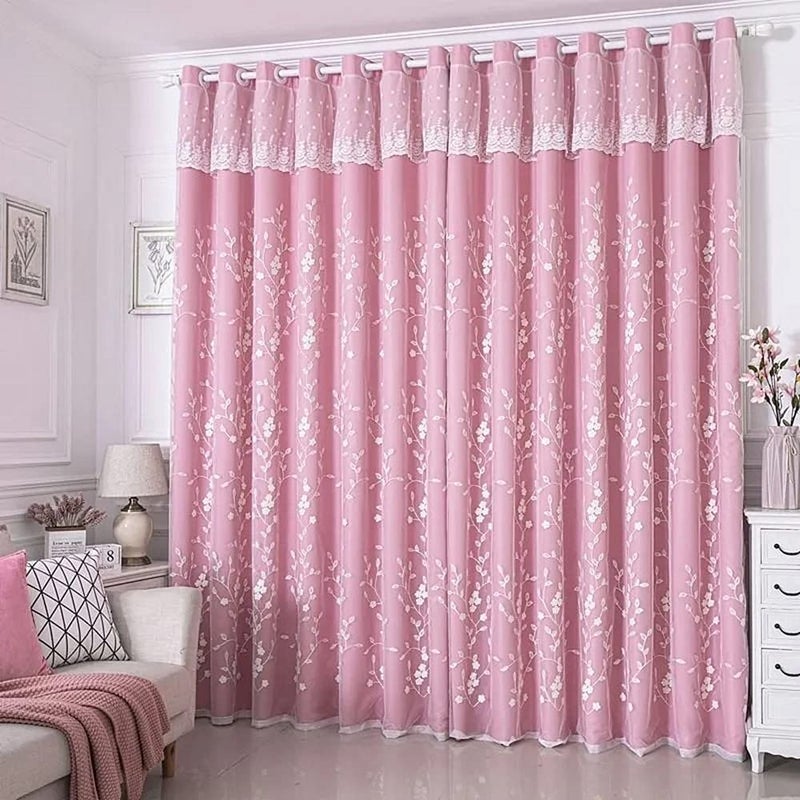 Amidoudou 1 Pair Double Layer Flower Curtains for Girls Room Living Room Pastoral Flowers and Leaf Embroidered Curtains for Bedroom (Pink,54x84 Inch) - Image 2