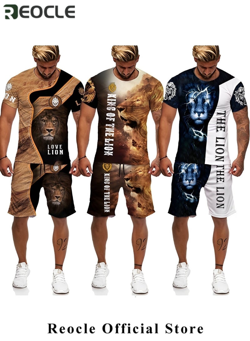 REOCLE Men's 2 Piece Outfits Shorts Tracksuit Real 3D Printed Casual Short Sleeve Crew Neck Suit Vacation Shirt and Shorts Sets - Image 2