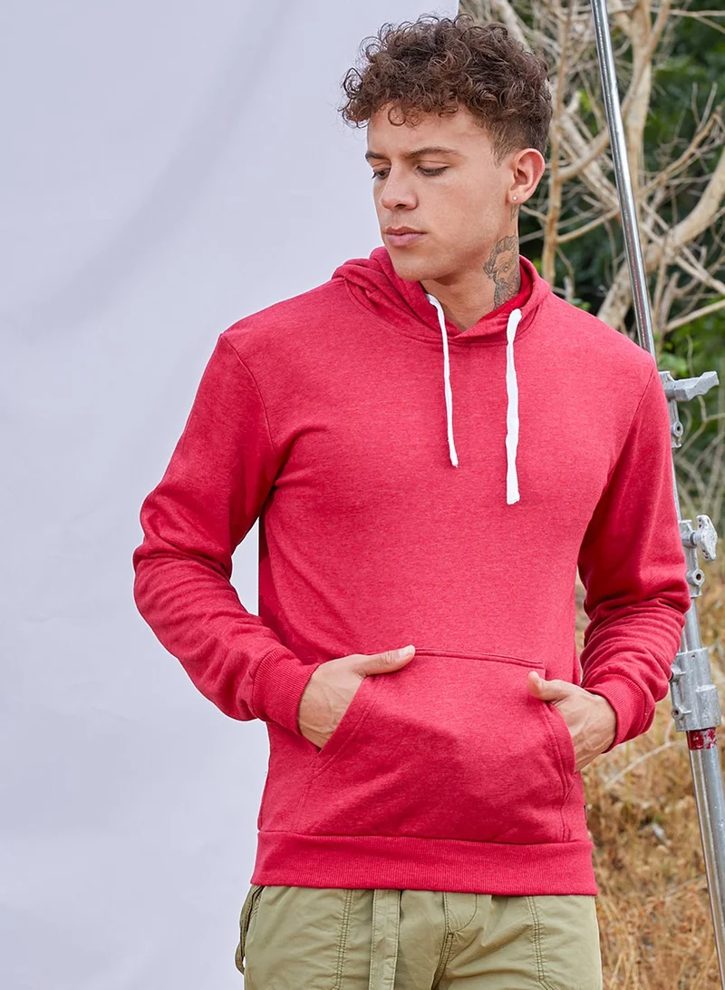 Campus Sutra Men's Red Pullover Hoodie With Contrast Drawstring