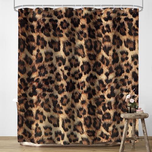 LIGHTINHOME Leopard Print Shower Curtain 60Wx72H Inch Wild Safari Skin Pattern Powerful Cheetah Cat Panthera Black Brown Fur Wildlife Waterproof Bathroom Home Decor 12 Plastic Hooks - Image 2