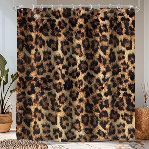 LIGHTINHOME Leopard Print Shower Curtain 60Wx72H Inch Wild Safari Skin Pattern Powerful Cheetah Cat Panthera Black Brown Fur Wildlife Waterproof Bathroom Home Decor 12 Plastic Hooks - Image 1