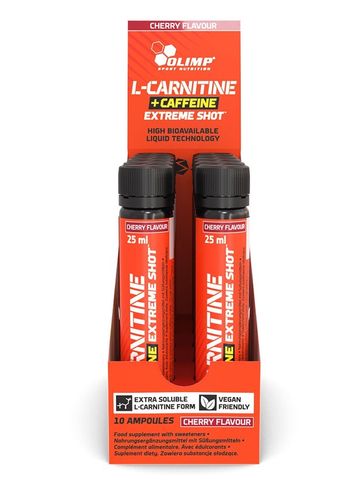 Olimp Sport Nutrition L-Carnitine + Caffeine Extreme Shot Cherry 25ml, Pack of 10, Sugar-Free Energy & Metabolism Support Drink with Vitamin B6 - Image 1