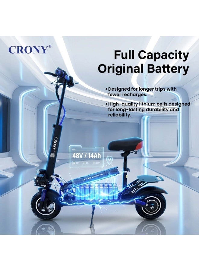 Crony V10 Big LED Display 1200W Motor E-Scooter, 55km/h Max Speed, 25-35KM Range, 48V 14AH Battery, 10” Off-Road Rubber Tires, Dual Disc Brakes, Front & Rear Suspension, Foldable Aluminum Frame, Triple LED Headlights, LED Base Lighting, Electric Scooter for Adults/Teens with Seat, Heavy Duty 120kg Load Capacity, Fast Urban Commuter E-Skateboard for Teens and Adults, Long Range, E-bike with pneumatic Tires and Easy Folding Design, Fast Urban Commuter Motorized Scooter,Perfect Scooter for Outdoor Adventures , Blue - Image 4