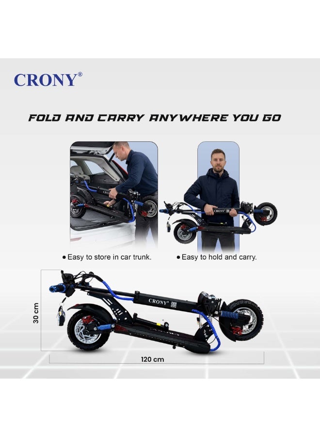 Crony V10 Big LED Display 1200W Motor E-Scooter, 55km/h Max Speed, 25-35KM Range, 48V 14AH Battery, 10” Off-Road Rubber Tires, Dual Disc Brakes, Front & Rear Suspension, Foldable Aluminum Frame, Triple LED Headlights, LED Base Lighting, Electric Scooter for Adults/Teens with Seat, Heavy Duty 120kg Load Capacity, Fast Urban Commuter E-Skateboard for Teens and Adults, Long Range, E-bike with pneumatic Tires and Easy Folding Design, Fast Urban Commuter Motorized Scooter,Perfect Scooter for Outdoor Adventures , Blue - Image 5