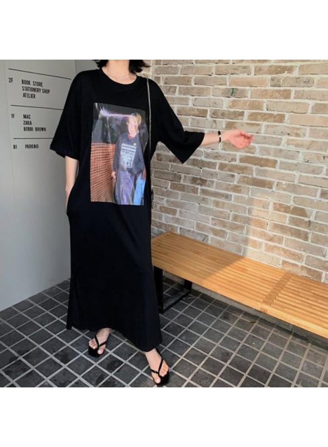 Summer Korean Style Women's Midi Knee Split Dress Loose Short-sleeved T-shirt Skirt Casual Plus Size Top