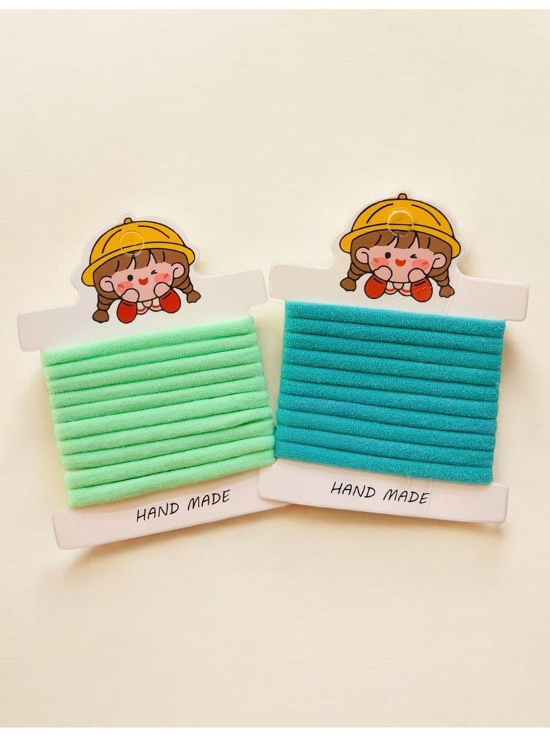 Hand Made Set of 20 Hair Ties (10 Green + 10 Teal ) – 2 Cards Pack - Image 1