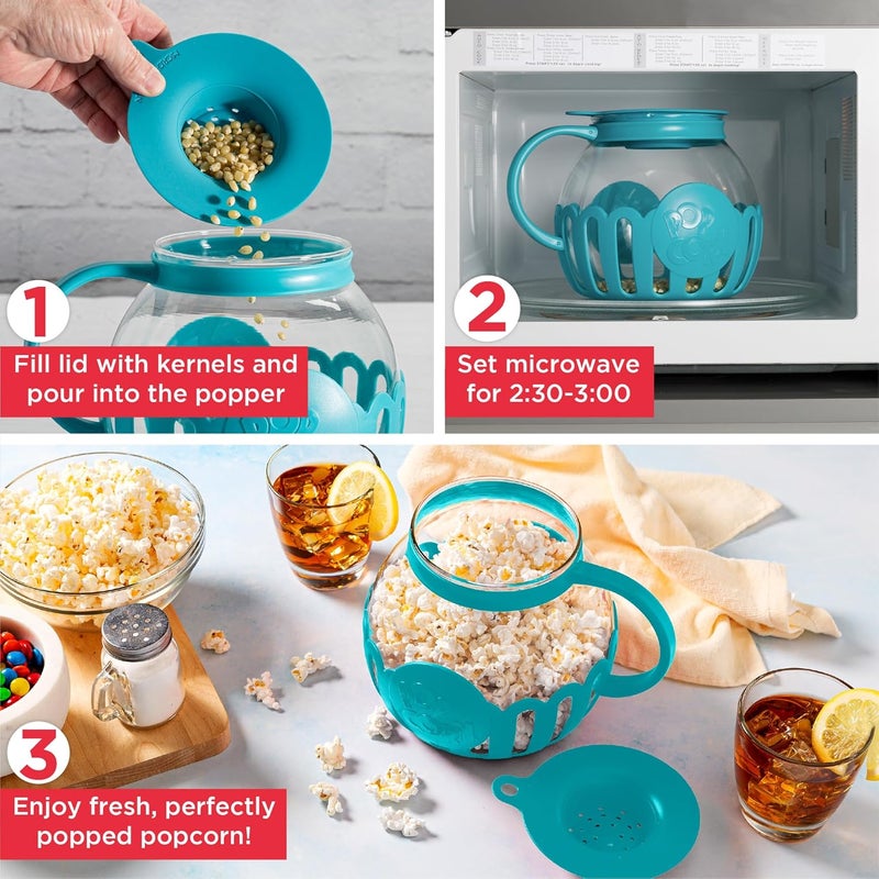 Ecolution Patented Micro-Pop Microwave Popcorn Popper with Temperature Safe Glass, 3-in-1 Lid Measures Kernels and Melts Butter, Made Without BPA, Dishwasher Safe, 3-Quart, Teal - Image 3
