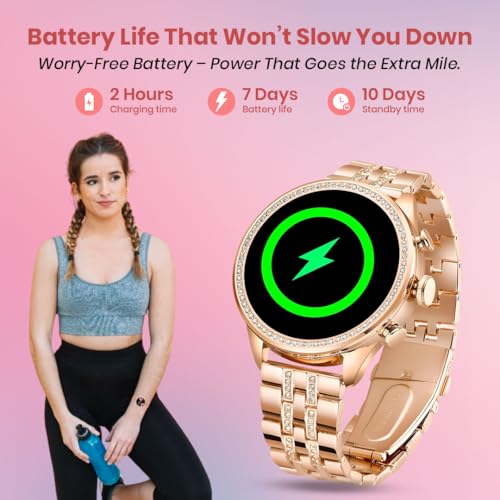 PunnkFunnk ساعة بونكفونك الذكية الجيل 9 مع سلسلة 1 | بلوتوث 4.0 +5.0 وضع مزدوج | شاشة 1.6 بوصة | قرص ألومنيوم | أحزمة سيليكون | ساعة ذكية للاتصال عبر البلوتوث للنساء والفتيات | (ذهبية) - Image 3