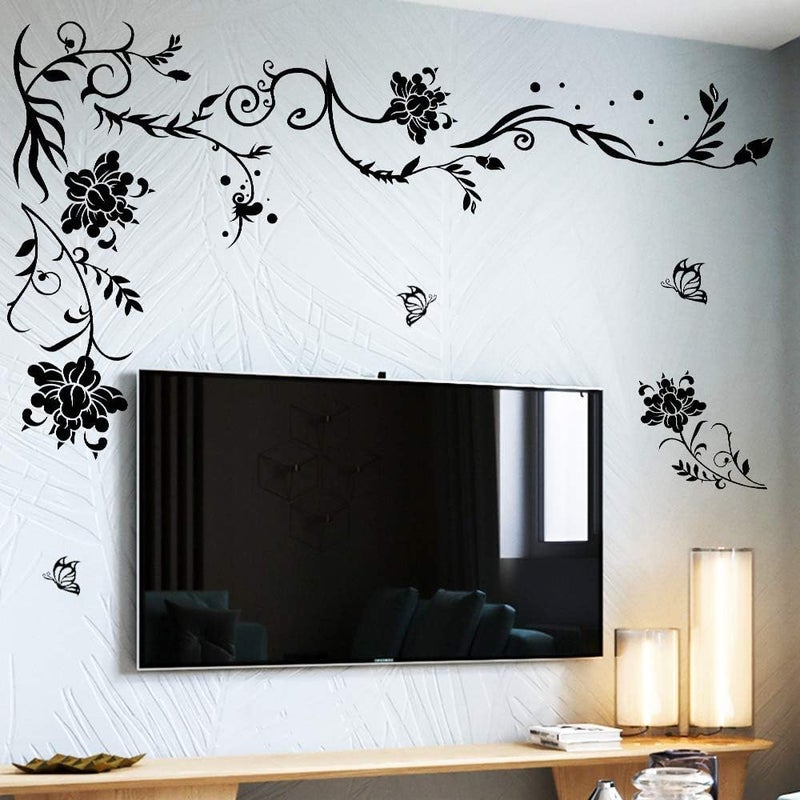 Supzone Flowers Butterflies Wall Decals DIY Black Floral Wall Stickers for Bedrooms Living Rooms