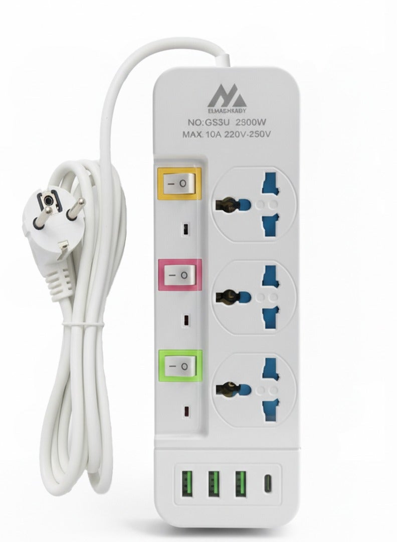 ELMAGHRABY Universal 3-Outlet Power Strip, 3 USB Charger Adapters and 1 Type-C Port, Strong and Flexible Cord for Powering Electrical Devices, 2500W, 220V Capacity, Practical Design for Daily Use and Supports Up to 3 Devices at the Same Time, Ideal for Offices, Bedrooms, Meeting Tables and Computers, Durable and Resistant ABS Plastic Material, High-Quality, Non-Slip Feet - White - Image 1