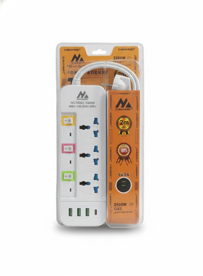 ELMAGHRABY Universal 3-Outlet Power Strip, 3 USB Charger Adapters and 1 Type-C Port, Strong and Flexible Cord for Powering Electrical Devices, 2500W, 220V Capacity, Practical Design for Daily Use and Supports Up to 3 Devices at the Same Time, Ideal for Offices, Bedrooms, Meeting Tables and Computers, Durable and Resistant ABS Plastic Material, High-Quality, Non-Slip Feet - White - Image 2