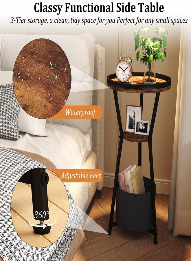 Yusong Round Side Table, Small Drink Table for Small Spaces, 3-Tier Industrial End Table, Accent Nightstand Bedside Table for Living Room, Bedroom, Sofa Couch, Rustic Brown - Image 4