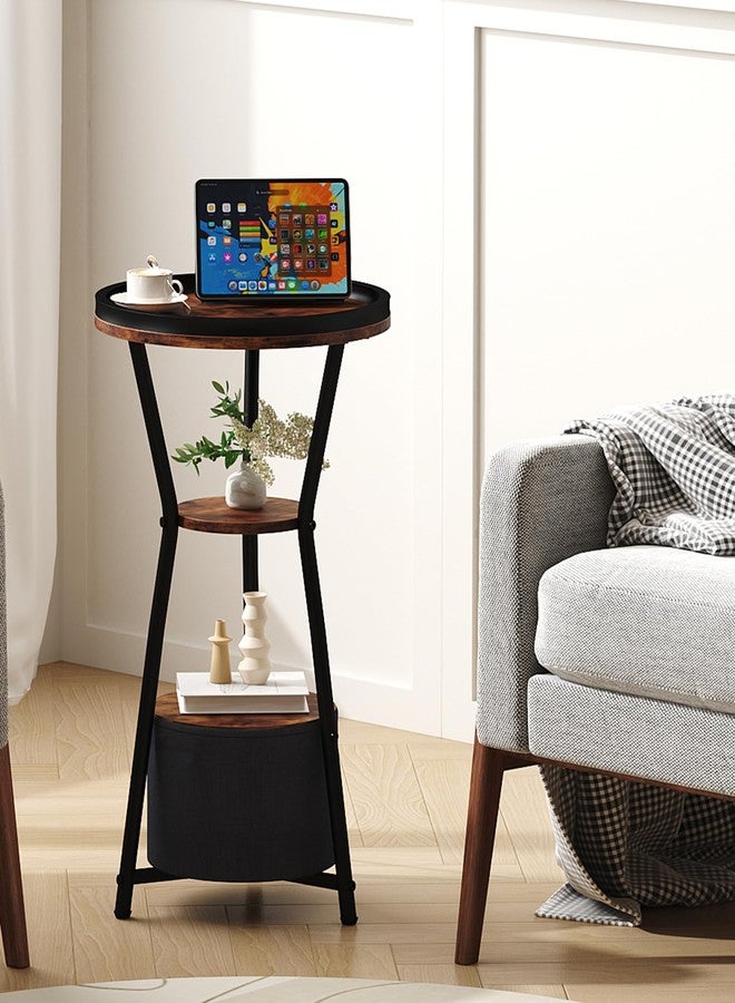 Yusong Round Side Table, Small Drink Table for Small Spaces, 3-Tier Industrial End Table, Accent Nightstand Bedside Table for Living Room, Bedroom, Sofa Couch, Rustic Brown - Image 2