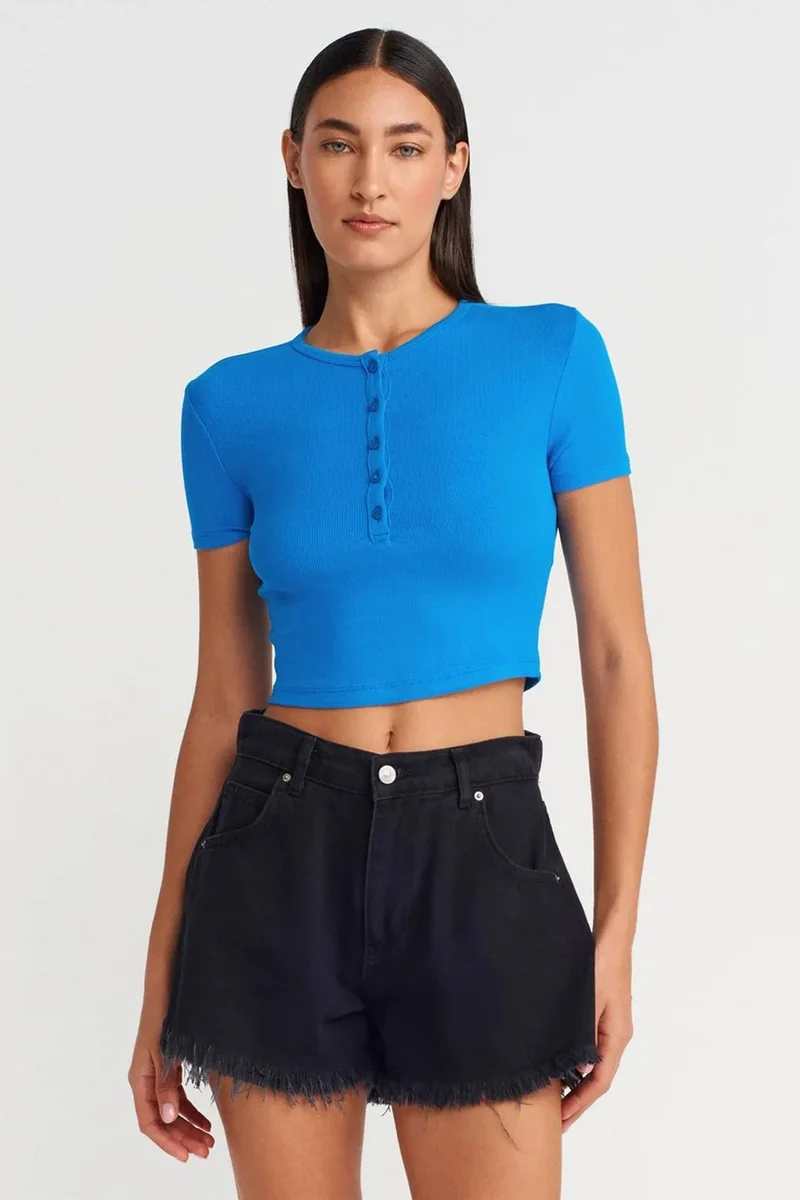 Dilvin Cobalt Blue DILVIN Slim Fit Crop Blouse With Buttons for Women | Best Price UAE