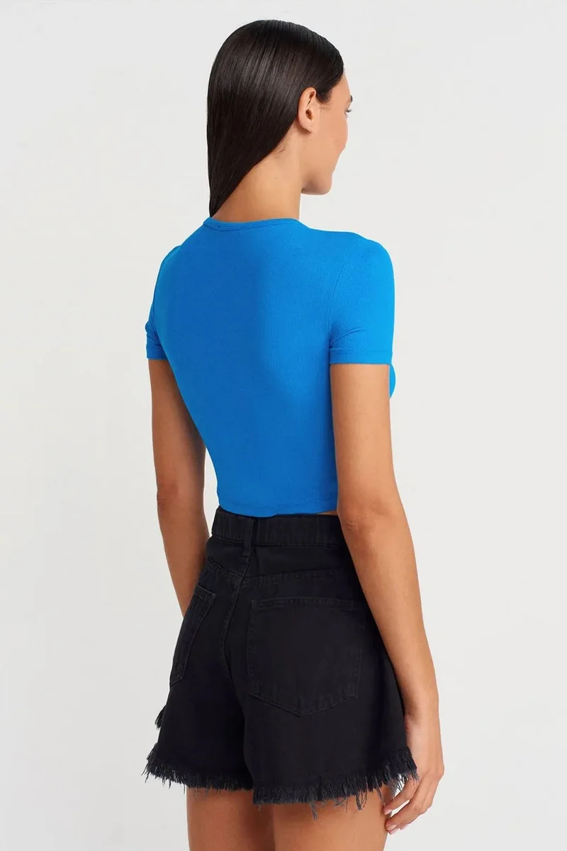 Dilvin Cobalt Blue DILVIN Slim Fit Crop Blouse With Buttons for Women | Best Price UAE
