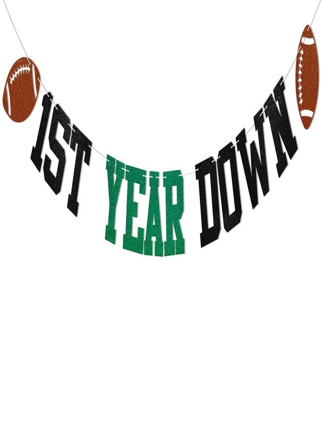 Ramciyo Pre-Strung 1st Year Down Banner - Football 1st Birthday Party Decorations, Game On, First Year Down Bunting Banner Green Black Glitter - Image 1