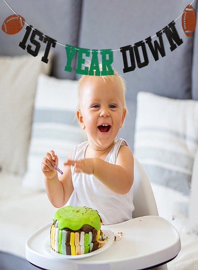Ramciyo Pre-Strung 1st Year Down Banner - Football 1st Birthday Party Decorations, Game On, First Year Down Bunting Banner Green Black Glitter - Image 4