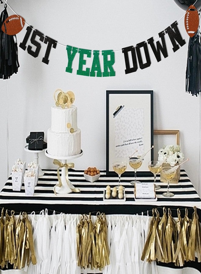 Ramciyo Pre-Strung 1st Year Down Banner - Football 1st Birthday Party Decorations, Game On, First Year Down Bunting Banner Green Black Glitter - Image 5