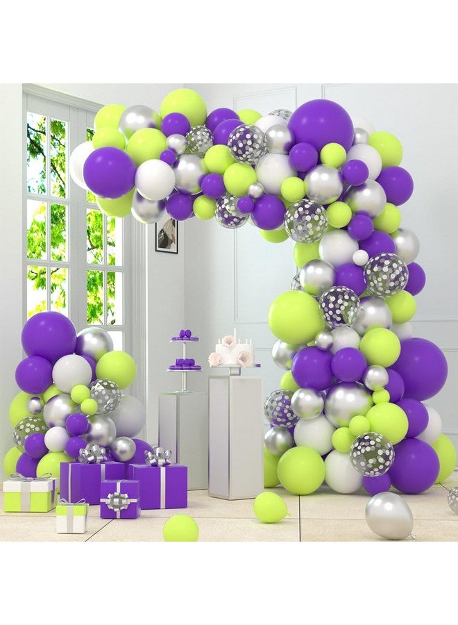 LUDEOU Purple Green White Balloon Garland Arch Kit - Lime Green Purple Balloons Metallic Silver Balloons for Outer Space Toy Game Birthday Baby Shower Graudation Party Decorations - Image 1