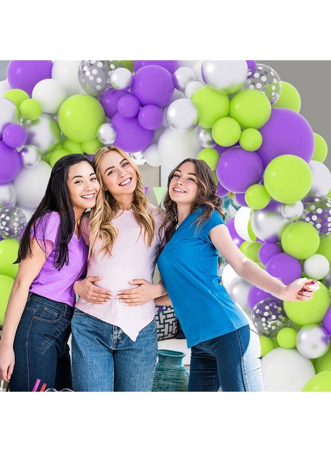 LUDEOU Purple Green White Balloon Garland Arch Kit - Lime Green Purple Balloons Metallic Silver Balloons for Outer Space Toy Game Birthday Baby Shower Graudation Party Decorations - Image 3