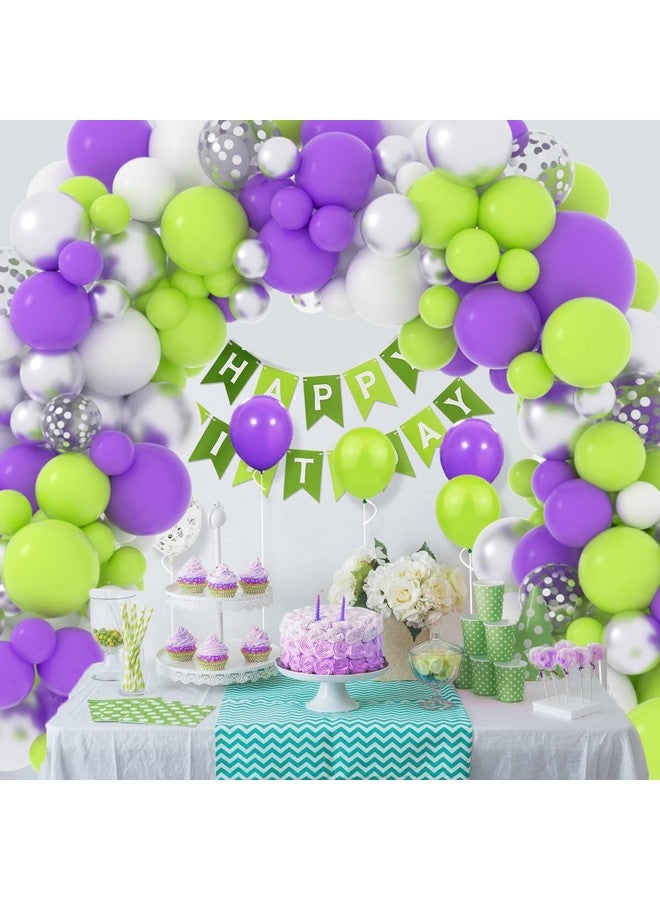 LUDEOU Purple Green White Balloon Garland Arch Kit - Lime Green Purple Balloons Metallic Silver Balloons for Outer Space Toy Game Birthday Baby Shower Graudation Party Decorations - Image 2