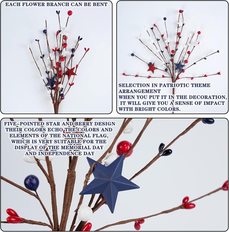 Shitailu 4 Pieces Patriotic Artificial Berry Stems Picks White Blue Red Stars for 4th July Independence Day Pentagram Artificial Berry Branches Decoration 4 Pieces for Home Office Restaurant Vase - Image 3