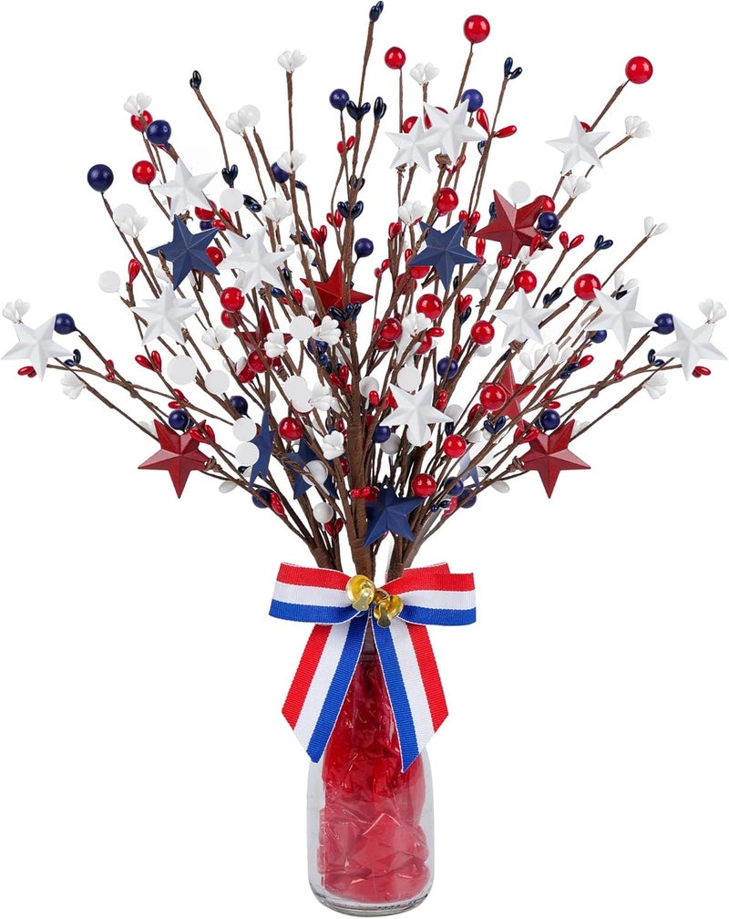 Shitailu 4 Pieces Patriotic Artificial Berry Stems Picks White Blue Red Stars for 4th July Independence Day Pentagram Artificial Berry Branches Decoration 4 Pieces for Home Office Restaurant Vase - Image 1