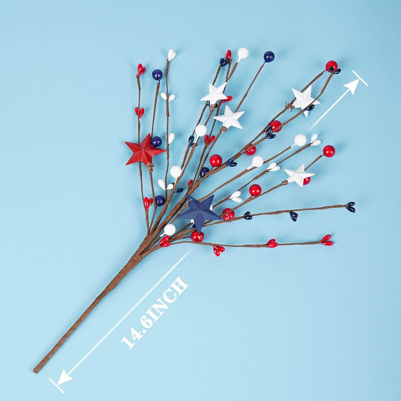 Shitailu 4 Pieces Patriotic Artificial Berry Stems Picks White Blue Red Stars for 4th July Independence Day Pentagram Artificial Berry Branches Decoration 4 Pieces for Home Office Restaurant Vase - Image 2