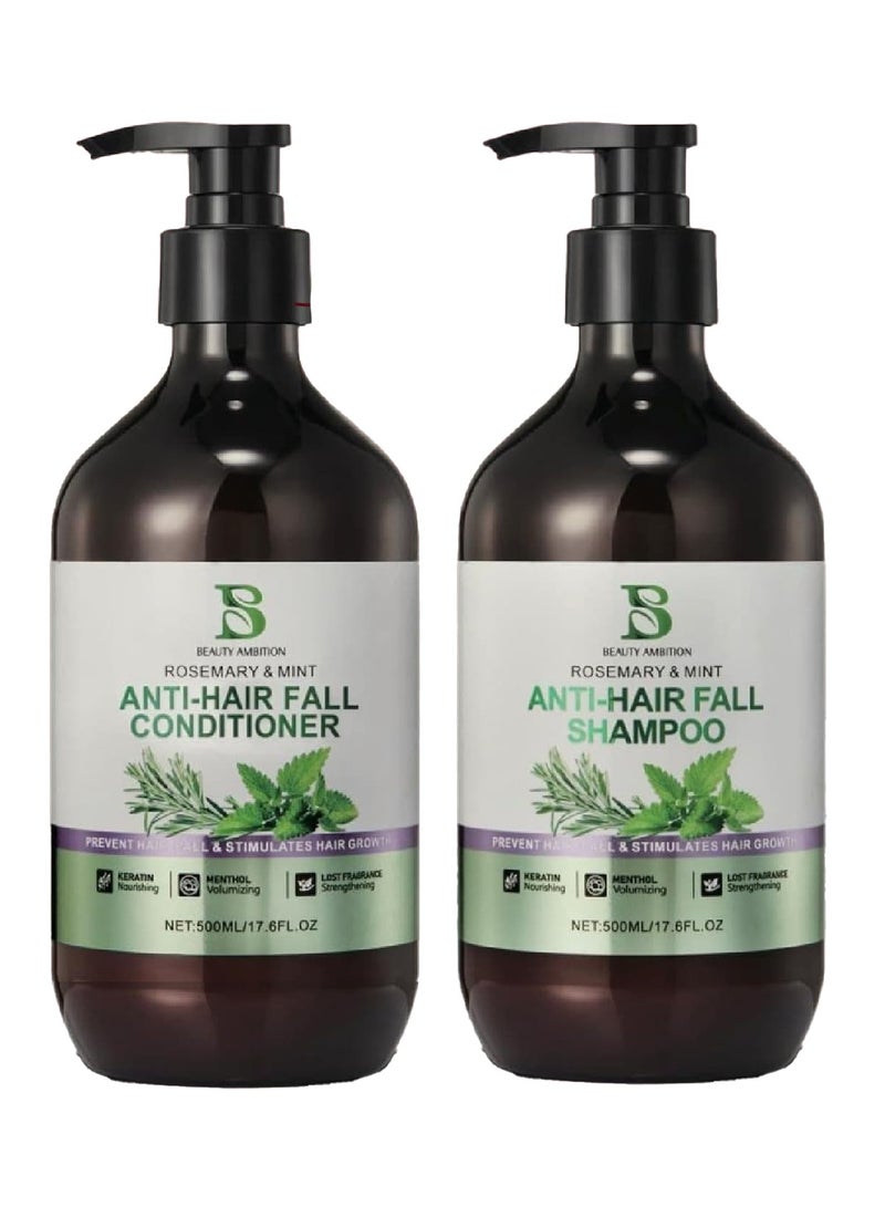 BEAUTY AMBITION Beauty Ambition Rosemary & Mint Anti-Hair Fall Shampoo & Conditioner Set for Hair Growth & Strength, 500ml x 2  - Image 1