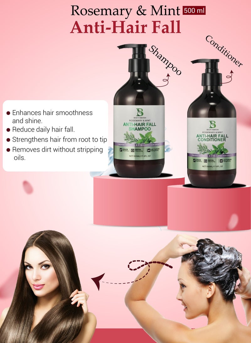 BEAUTY AMBITION Beauty Ambition Rosemary & Mint Anti-Hair Fall Shampoo & Conditioner Set for Hair Growth & Strength, 500ml x 2  - Image 2