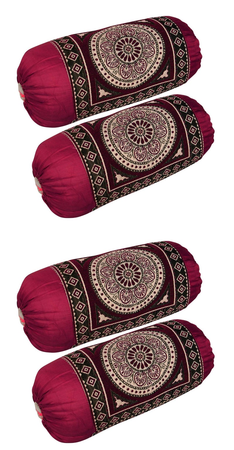 HSR Collection Chenille Velvet Luxury Round Bolsters Covers (Maroon, 32 x 16, Standard) - Set of 4 - Image 4