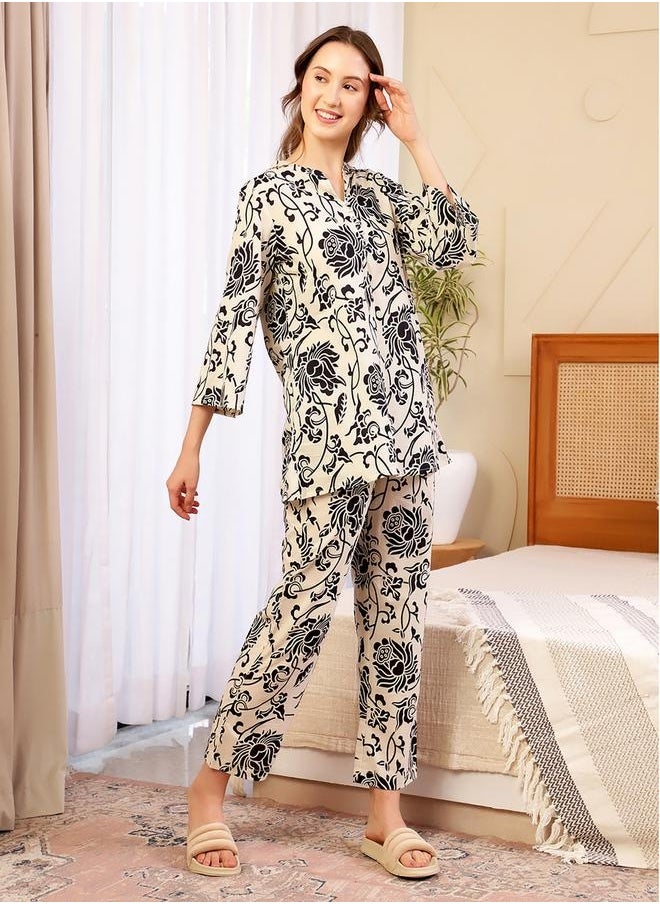 sanskrutihomes - All-Over Floral Print Cotton Tunic with Trousers Co-Ords by Styli - Image 1