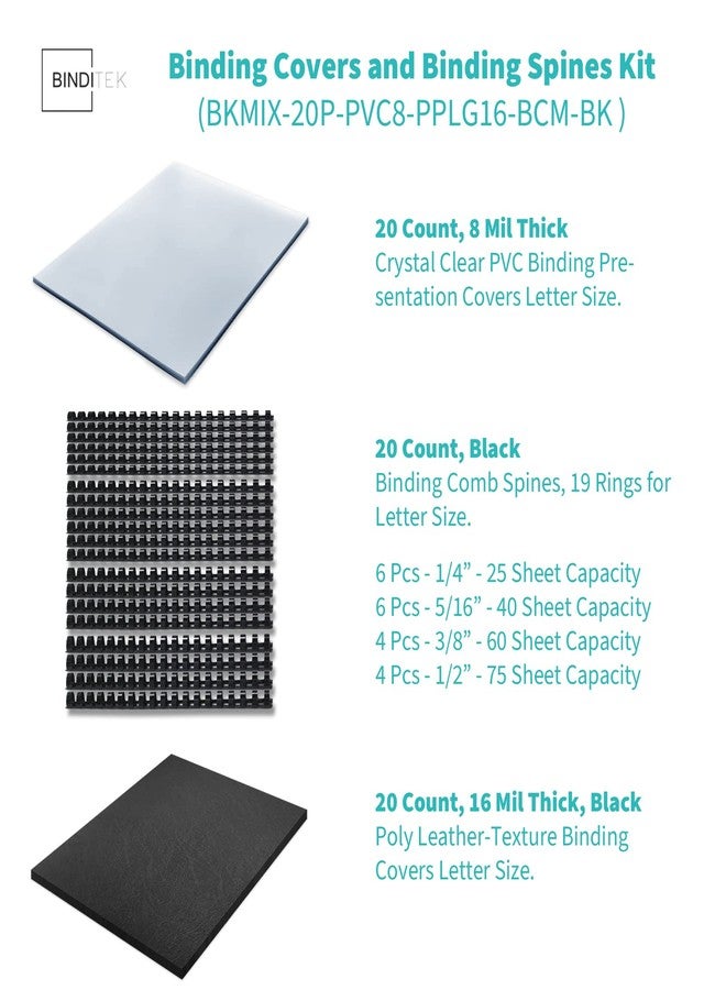 Binditek 60 Pack Binding Covers kit, Includes 20 8Mil Clear PVC, 20 Black Leather-Textured Heavyduty Polycovers, 20 Plastic Comb Spines, for 8.5x11 Inches, Office Supplies - Image 2