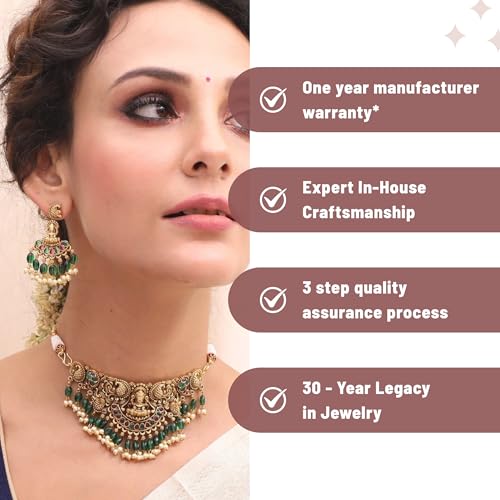 TARINIKA Brass Indian Choker Necklace Set - Gold Plated Cubic Zirconia Indian Jewelry Sets for Women Dangle, Drop, Jhumka Earrings Traditional Desi Necklace Pearls Gift for her (Sreeja Antique) - Image 5