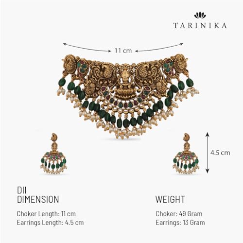 TARINIKA Brass Indian Choker Necklace Set - Gold Plated Cubic Zirconia Indian Jewelry Sets for Women Dangle, Drop, Jhumka Earrings Traditional Desi Necklace Pearls Gift for her (Sreeja Antique) - Image 3