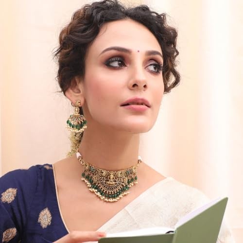 TARINIKA Brass Indian Choker Necklace Set - Gold Plated Cubic Zirconia Indian Jewelry Sets for Women Dangle, Drop, Jhumka Earrings Traditional Desi Necklace Pearls Gift for her (Sreeja Antique) - Image 2