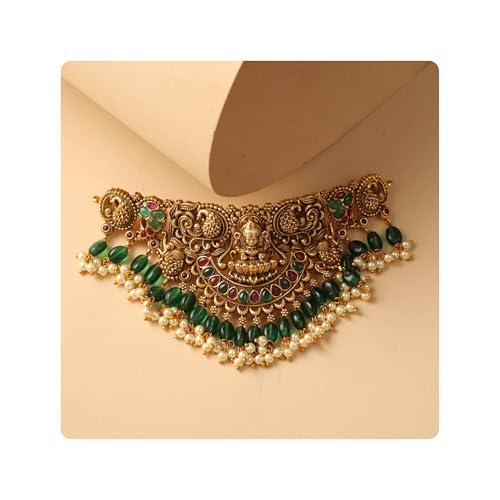 TARINIKA Brass Indian Choker Necklace Set - Gold Plated Cubic Zirconia Indian Jewelry Sets for Women Dangle, Drop, Jhumka Earrings Traditional Desi Necklace Pearls Gift for her (Sreeja Antique) - Image 1