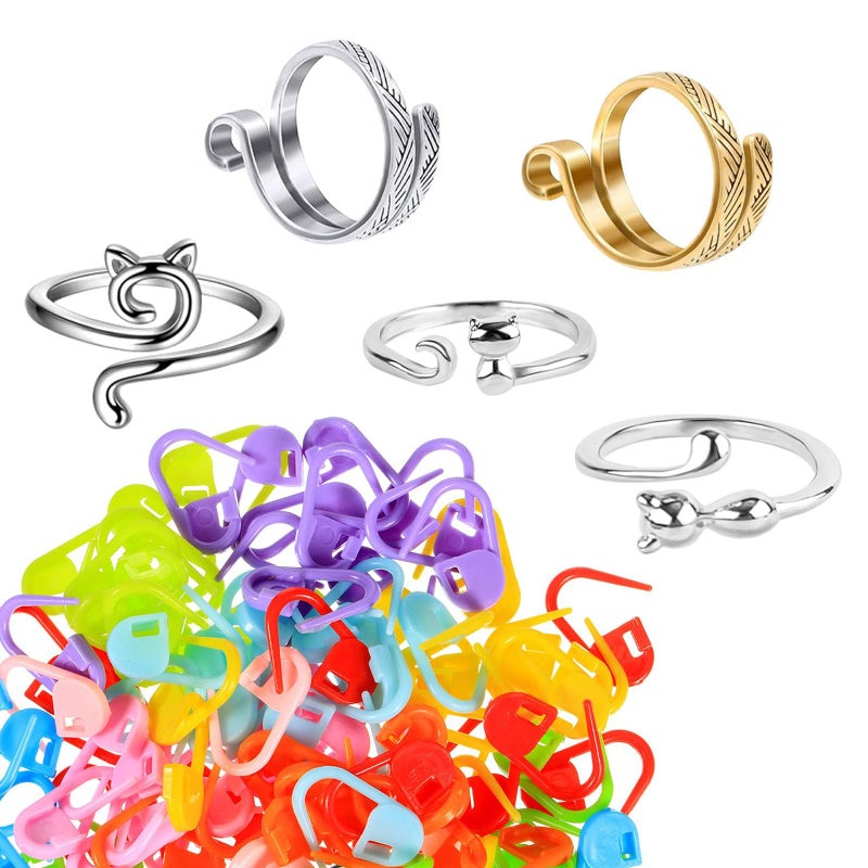 Ubuymart Crochet Ring 5 Pack Knitting Crochet Ring for Finger with 50pcsColor Ship Randomly Knitting Crochet Locking Stitch Markers Adjustable Crochet Stuff Ring Crochet Accessories Multicolor - Image 3