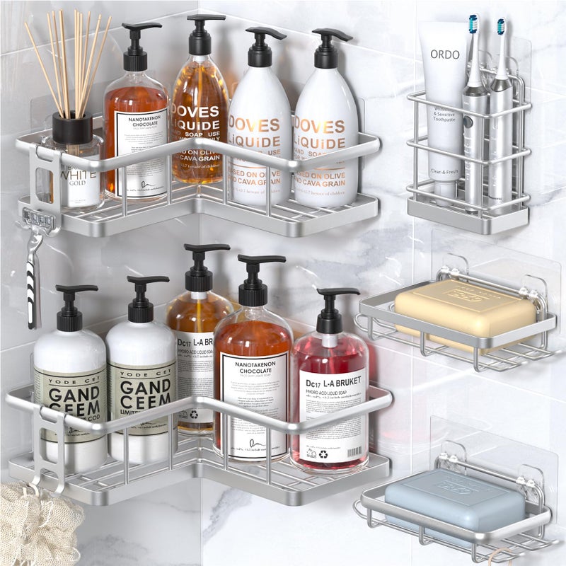 YASONIC Corner Shower Caddy Organizer 5Pack SelfAdhesive Rustproof Bath Shelves with Soap Holder  4 Hooks Large Capacity Shower Storage Rack for Bathroom Organization Silver