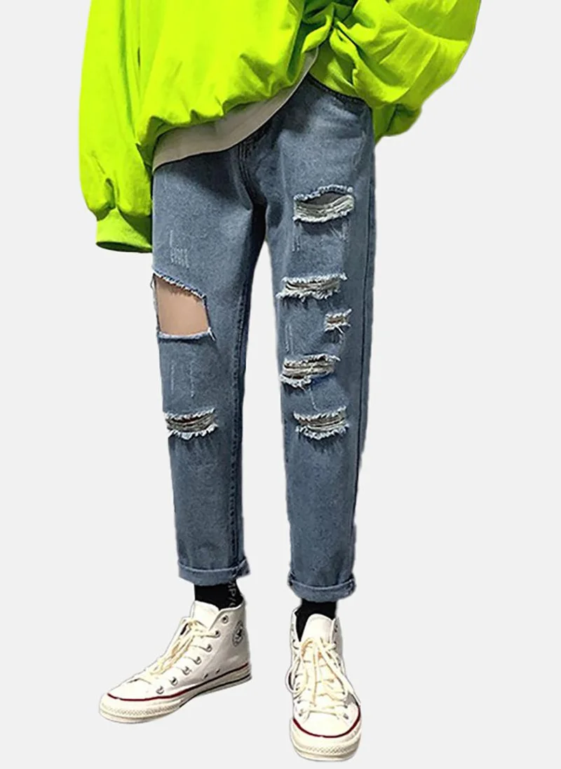 YUNIQEE Blue Solid Mid Rise Straight Fit Straight Jeans