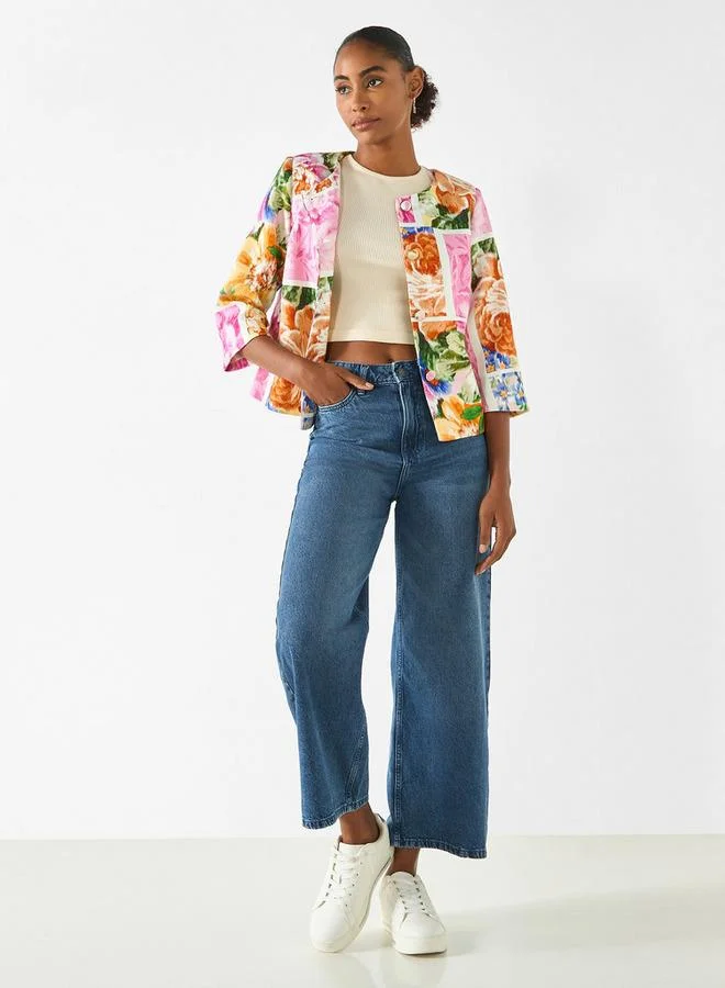Iconic Iconic All-Over Floral Print Jacket with 3/4 Sleeves
