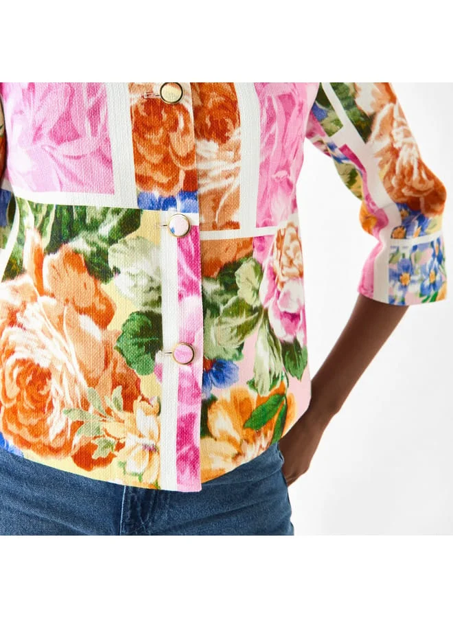 Iconic Iconic All-Over Floral Print Jacket with 3/4 Sleeves