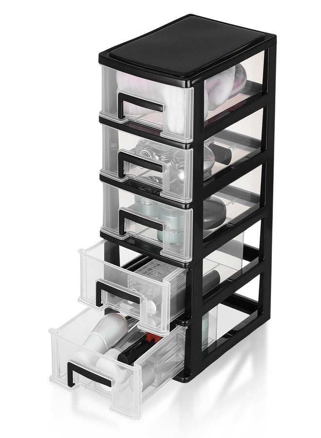 Baluue 5 Tier Plastic Storage Drawers, Desktop Organizer with Clear Drawers, Compact Desk Storage Cabinet for Office Supplies, Arts Crafts, Makeup and Dorm Room Organization, Black - Image 1