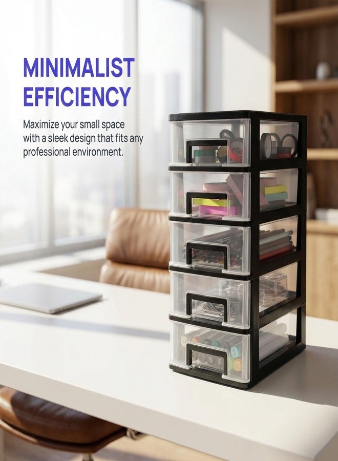Baluue 5 Tier Plastic Storage Drawers, Desktop Organizer with Clear Drawers, Compact Desk Storage Cabinet for Office Supplies, Arts Crafts, Makeup and Dorm Room Organization, Black - Image 5