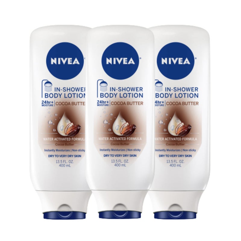 NIVEA Cocoa Butter In Shower Lotion, Body Lotion for Dry Skin, 3 Pack of 13.5 Fl Oz Bottles - Image 1