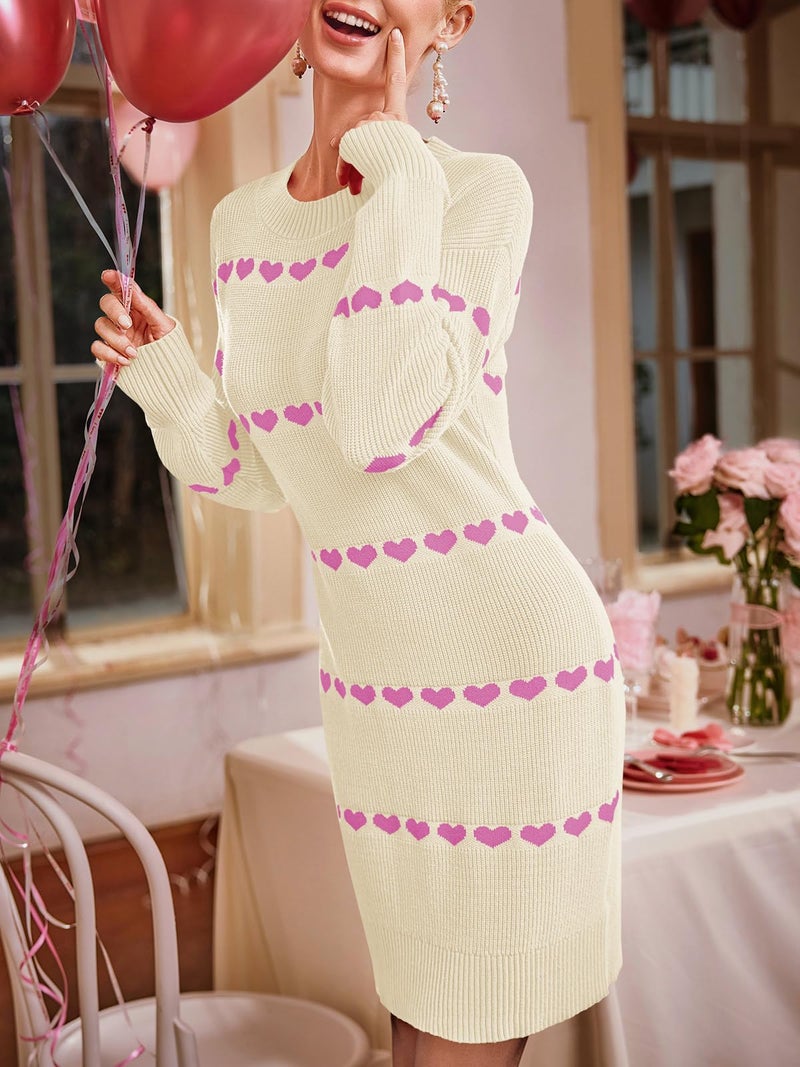 Wenrine Womens Long Sleeve Sweater Dress Fall Knit Heart Crewneck Cute Valentines Bodycon Mini Dresses Beige - Image 4