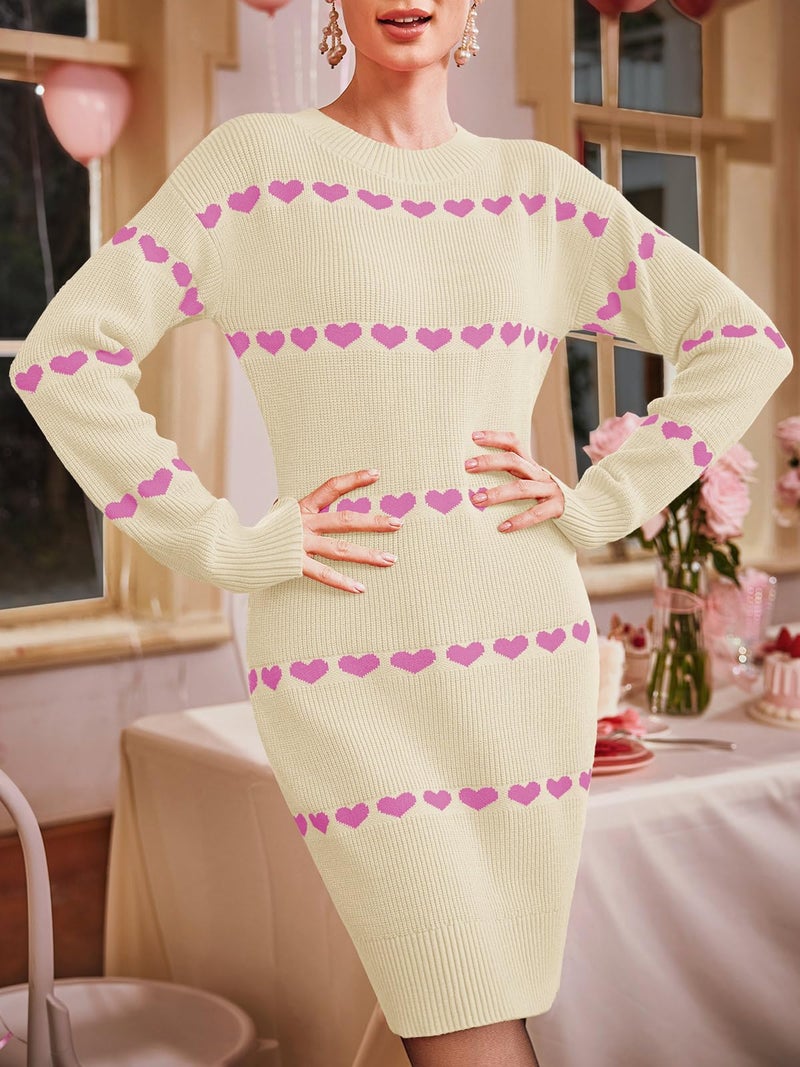 Wenrine Womens Long Sleeve Sweater Dress Fall Knit Heart Crewneck Cute Valentines Bodycon Mini Dresses Beige - Image 3