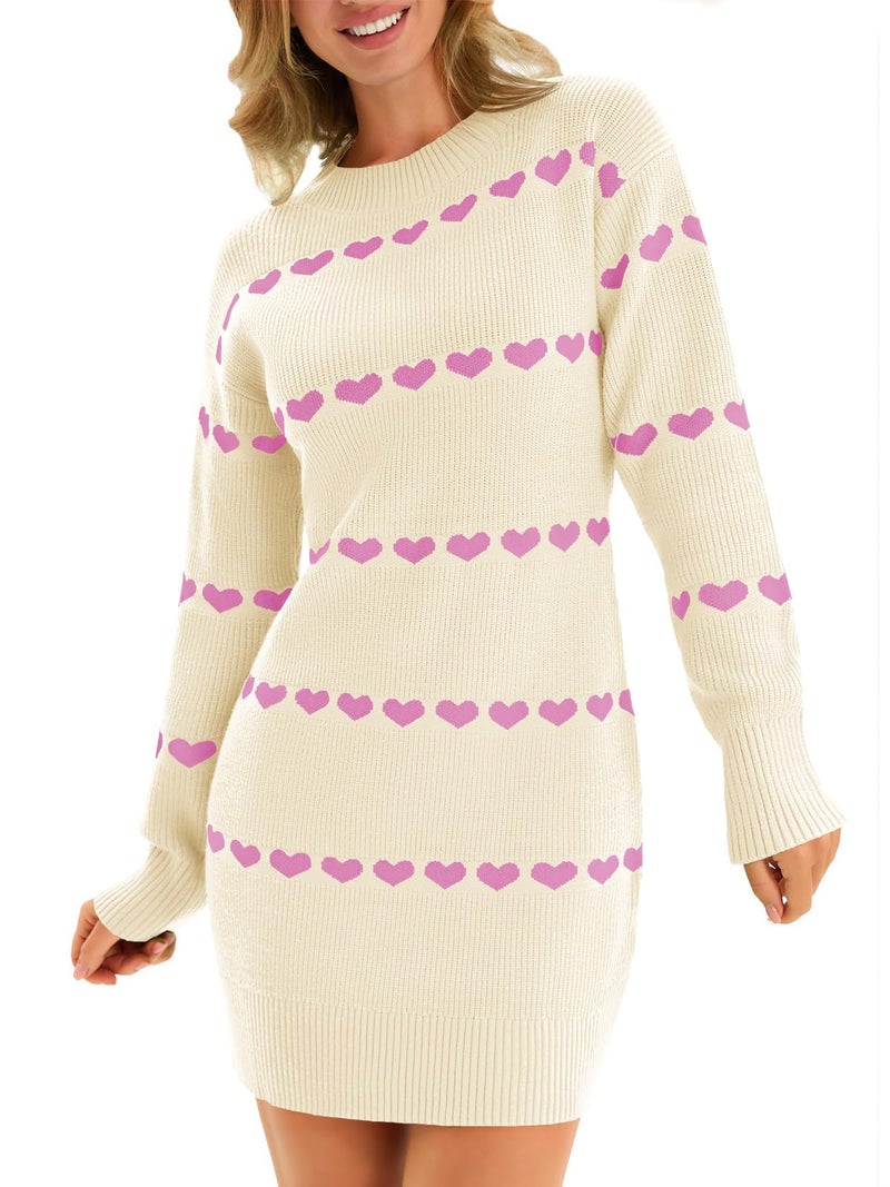 Wenrine Womens Long Sleeve Sweater Dress Fall Knit Heart Crewneck Cute Valentines Bodycon Mini Dresses Beige - Image 1
