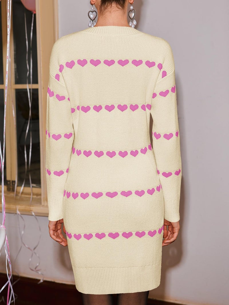 Wenrine Womens Long Sleeve Sweater Dress Fall Knit Heart Crewneck Cute Valentines Bodycon Mini Dresses Beige - Image 5