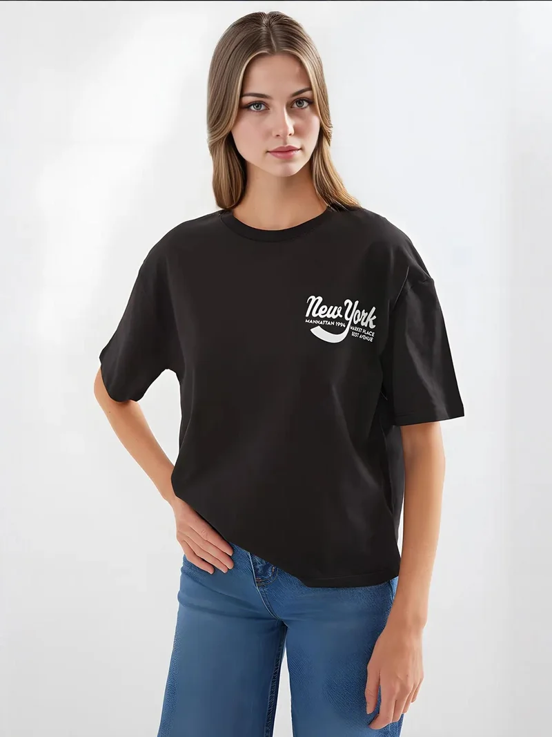 Big Dart Black BDART Printed Crew Neck Loose Fit T-Shirt for Women | Best Price UAE